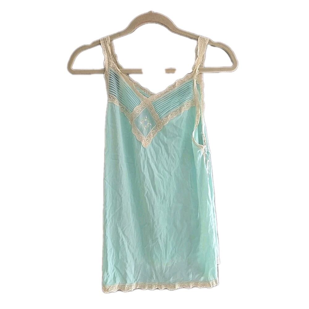 Vintage Kayser Light Blue Lace Trim Hem Chemise Nightgown Coquette Womans Medium